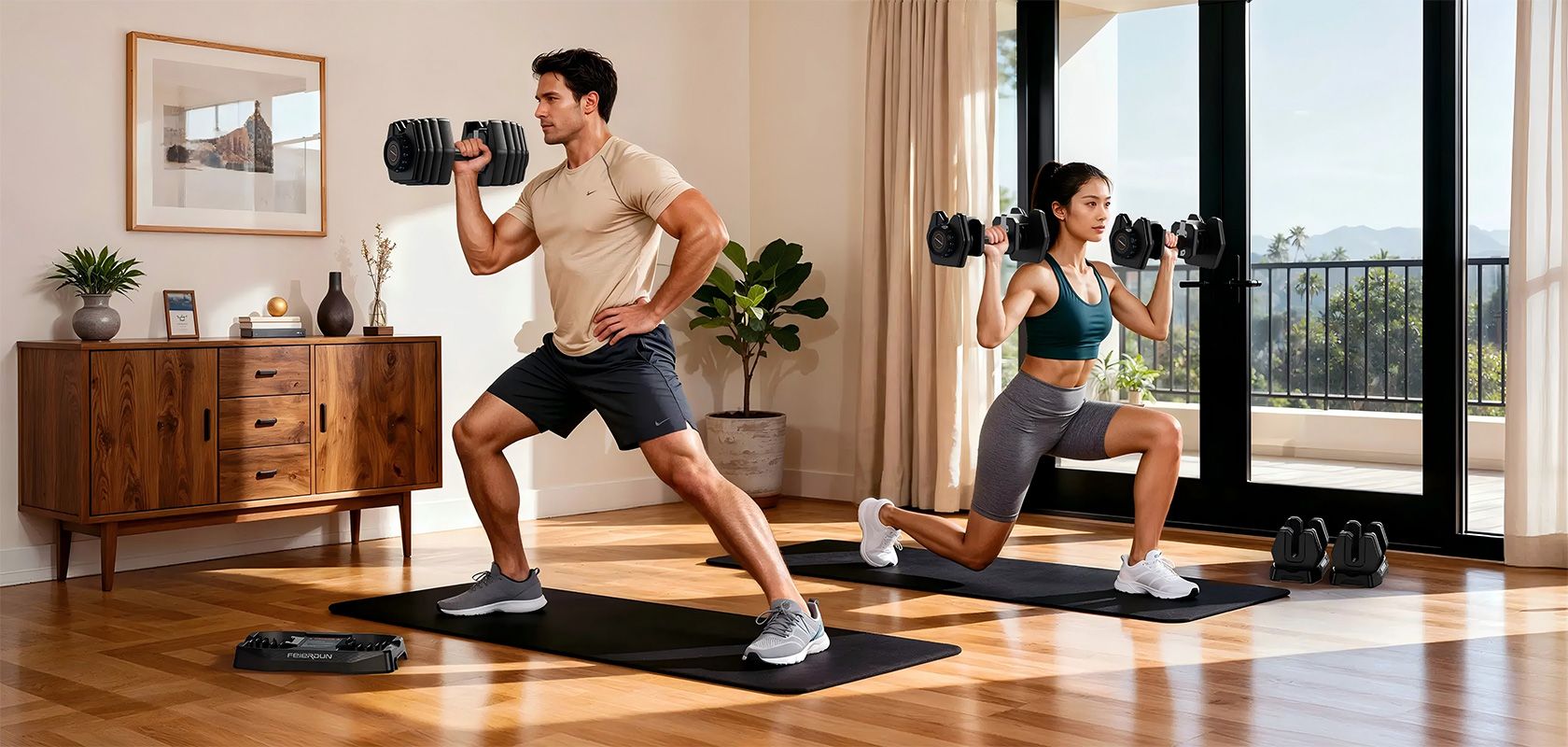 Two people training with FEIERDUN adjustable dumbbells in a living room