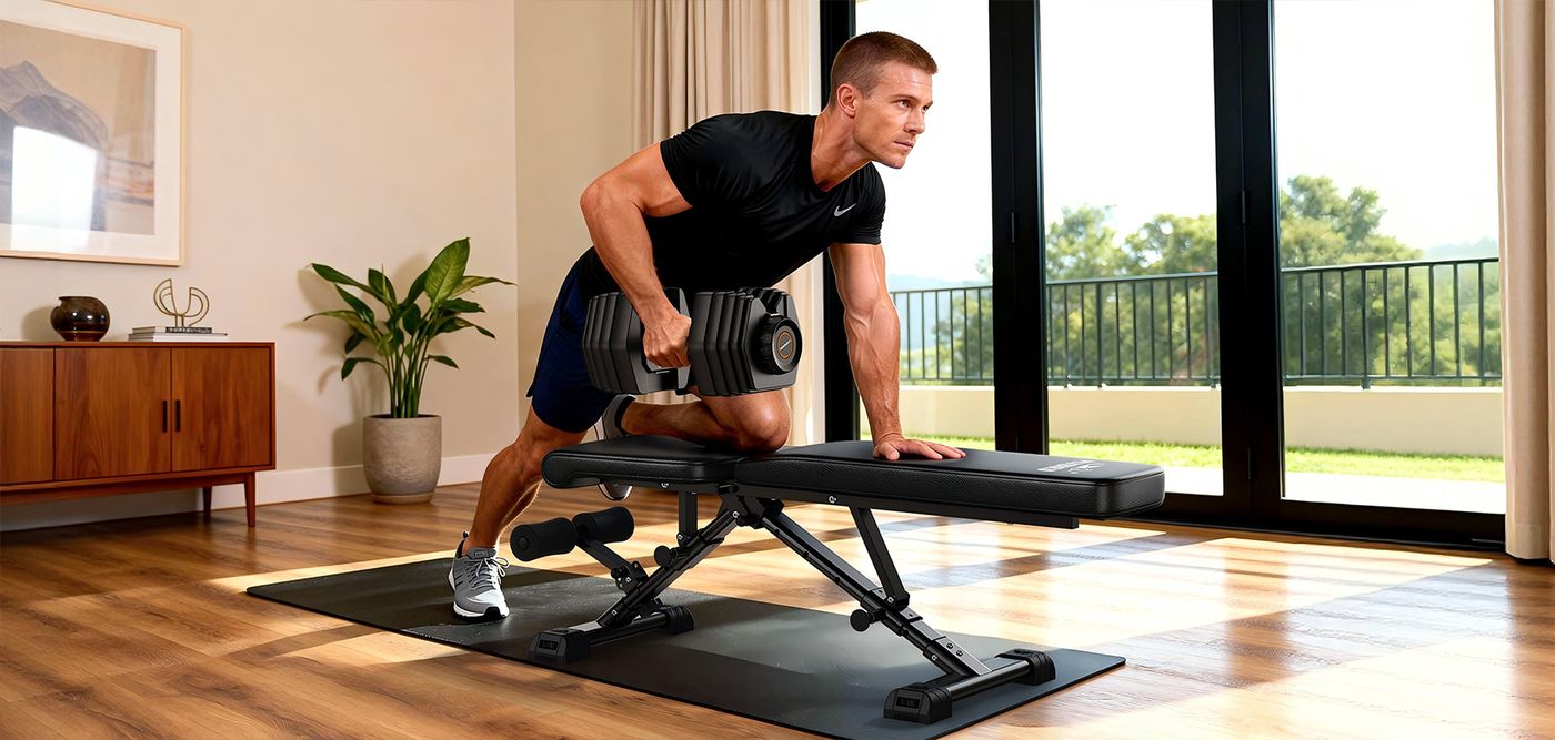 Dumbbell row on a weight bench at home